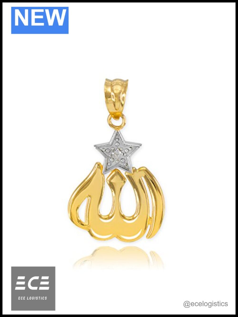 10K Two-Tone Gold Diamond Star Allah Charm Pendant Open Loop
